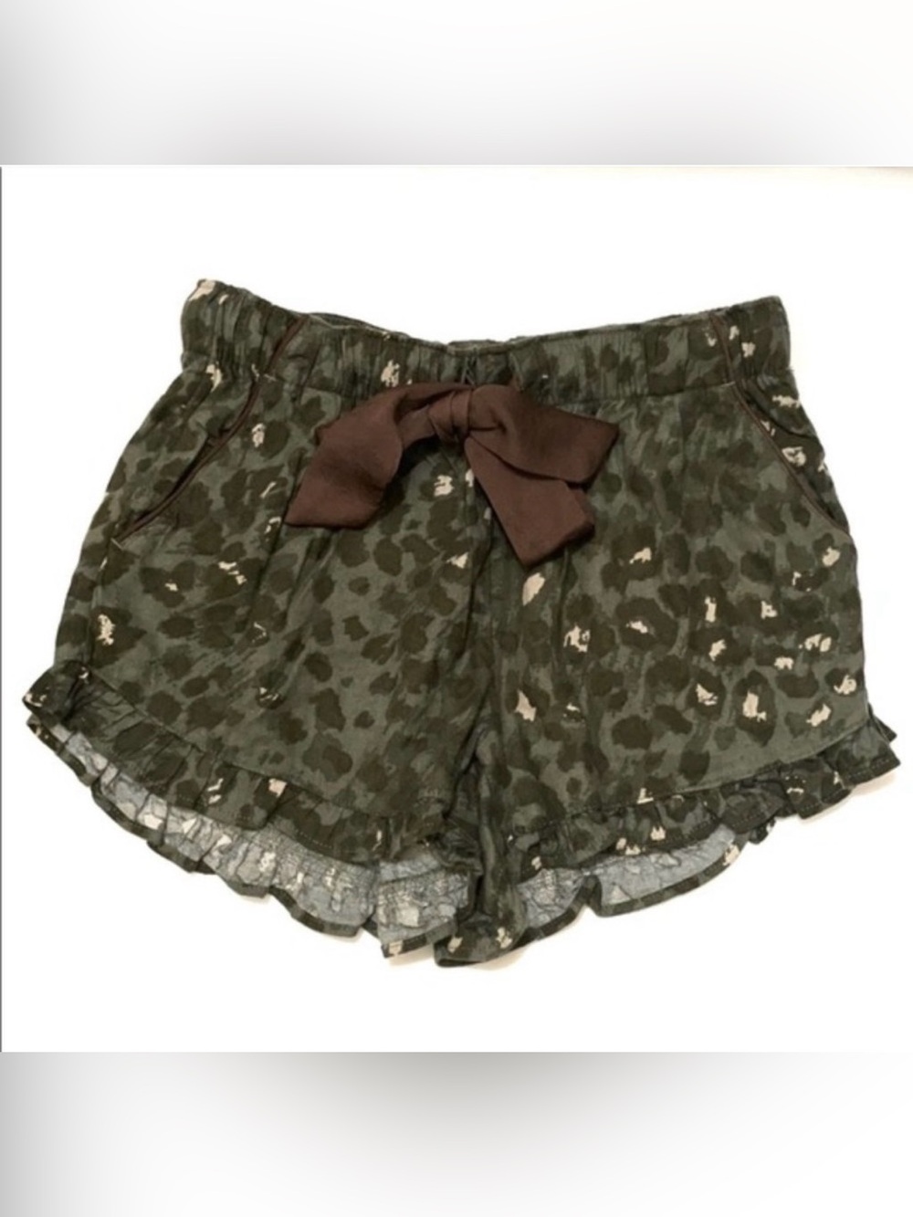 aerie Olive Green Leopard Print Ruffle Lounge Shorts with Brown Tie